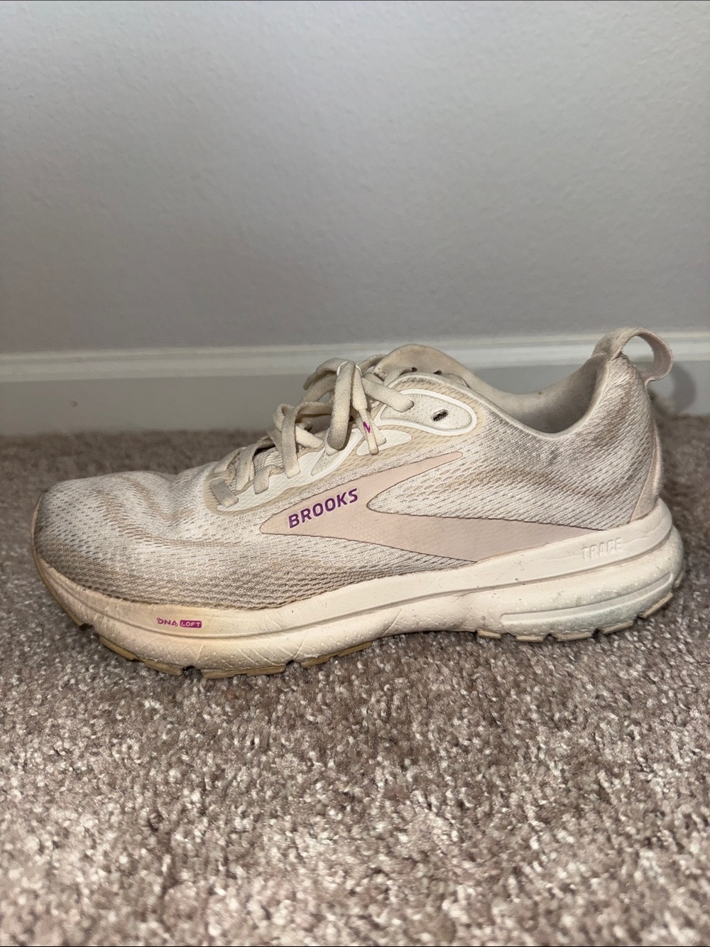 Brooks Women's Running Shoe in Light Cream with Purple Logo